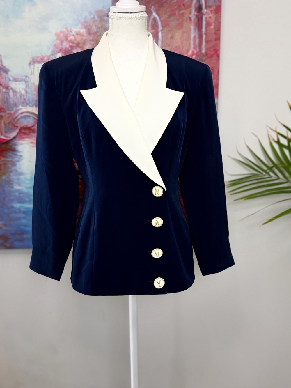 Vintage MON 80s Navy Blue Blazer White Lapels NAVY Statement Buttons L